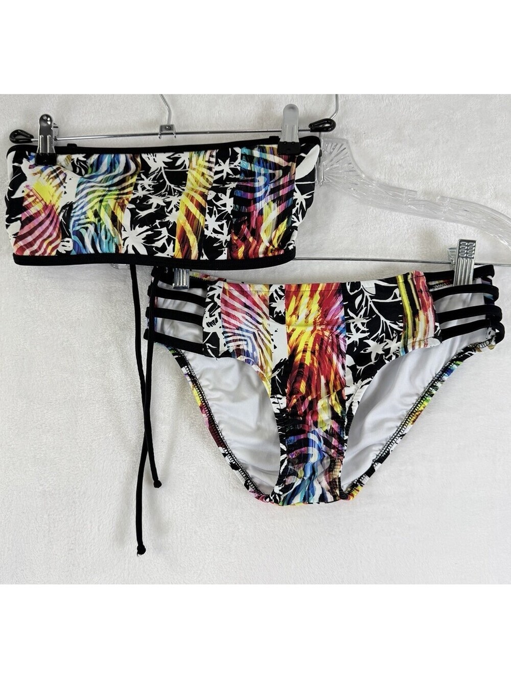 Venus Bandeau Bikini Set Small Top 4 Bottom Black Tropical Print Womens